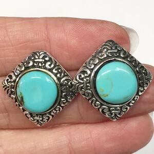 Vintage Chunky Heavy Turquoise 925 Sterling Silver Earrings Scroll Work Filigree